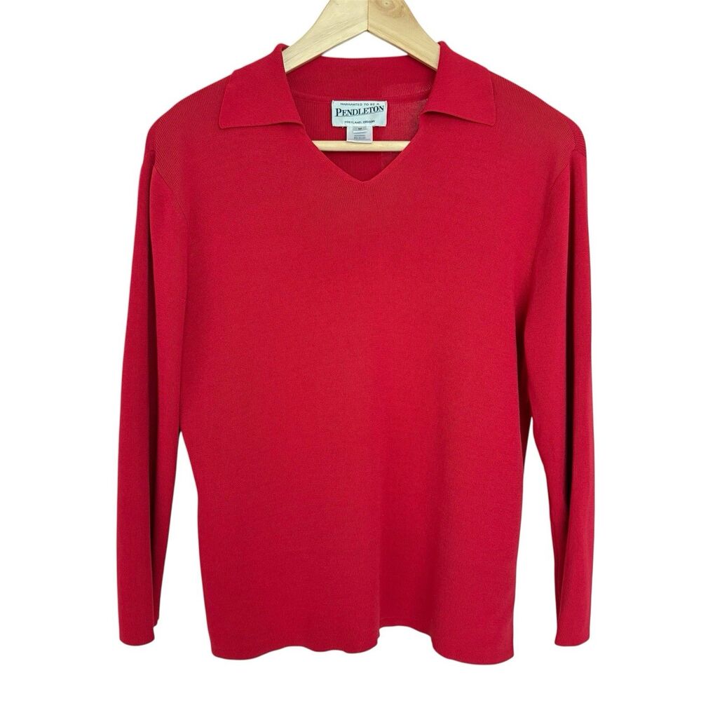 Vtg Pendleton Women’s Collared V Neck 3/4 Sleeve Red Shirt Medium